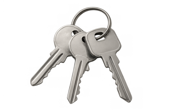 Silver keys on a key ring, representing locking, unlocking, access, house, home, property, business, and security on transparent background - Powered by Adobe