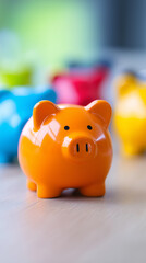 Obraz premium A bright orange piggy bank stands prominently on a table with colorful savings jars in the background. 