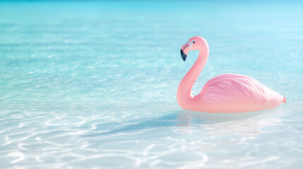 Naklejka premium Różowy nadmuchiwany flaming pływający w czystej, błękitnej wodzie tropikalnej