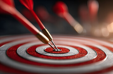 Dartboard bulls-eye with darts hitting the target in a business success concept illustration, financial business targeting planning to winner concept.