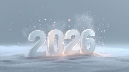 Elegant 2026 New Year numbers in translucent ice glass with magical sparkles. Winter celebration featuring Cloud Dancer palette, Color of the Year 2026. Festive holiday greeting card design