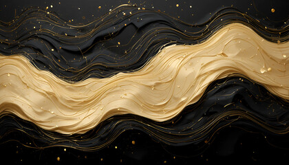 A luxurious abstract art piece featuring swirling black and gold paint with glittering specks