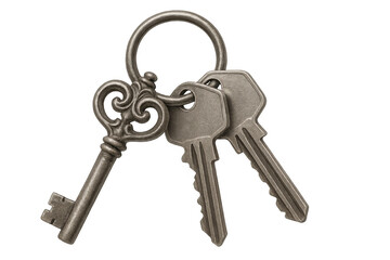 Vintage skeleton key and modern domestic keys on a keyring, representing access, security, and unlocking potential, transparent background