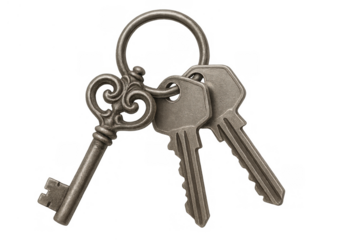 Vintage skeleton key and modern domestic keys on a keyring, representing access, security, and unlocking potential, transparent background