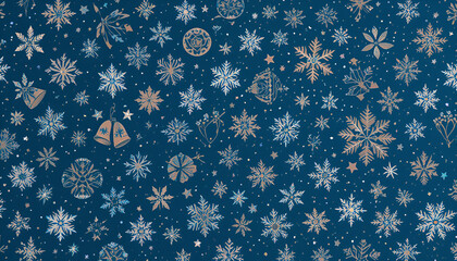 A festive winter background featuring a multitude of snowflakes and stars in shades of blue and gold.