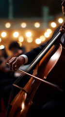 Fototapeta premium Cellist performs with a bow on stage under warm concert lighting. 