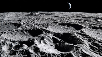 Obraz premium Lunar surface with craters and a distant planet in the night sky