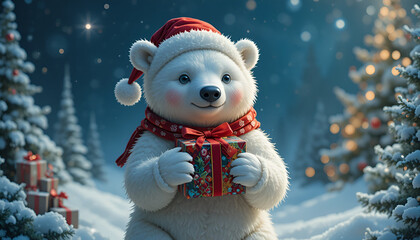 A cute polar bear wearing a Santa hat and scarf holds a gift in a snowy winter scene with Christmas trees and presents.