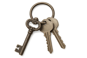 Ancient ornate skeleton key with modern house keys on a metal ring, representing security and access, transparent background