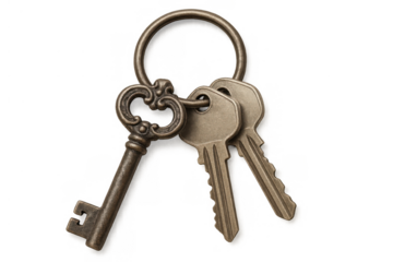 Ancient ornate skeleton key with modern house keys on a metal ring, representing security and access, transparent background