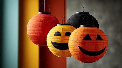 Three Halloween lanterns hanging from a ceiling, each with a smiley face and a pumpkin. The lanterns are hanging in a room with a colorful wall