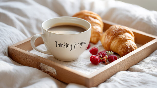 Romantic gesture with love note under coffee cup on cozy morning bed setup