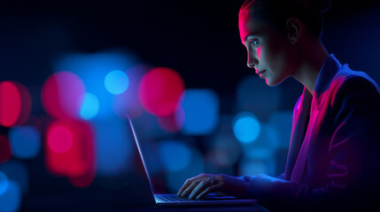 Focused individual works on a laptop surrounded by vibrant blue and red digital ambient lighting.
