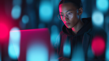 Focused individual works on a laptop surrounded by vibrant blue and red digital ambient lighting.
