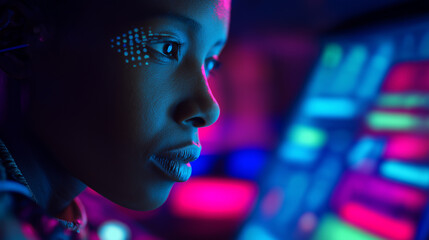 Focused individual works on a laptop surrounded by vibrant blue and red digital ambient lighting.
