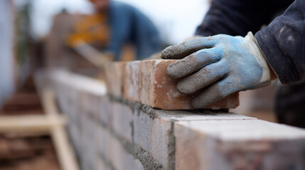A construction worker wearing gloves carefully lays bricks to build a wall in warm sunlight.
