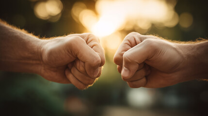 Two hands doing fist bump at sunset