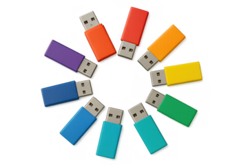 Colorful usb flash drives arranging in a circle, top view shot for data storage and digital technology concept