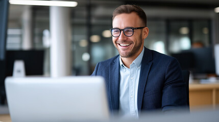 A smiling businessman wearing glasses works on his laptop in a bright modern office environment.

