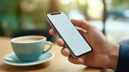 A person holds a smartphone while sitting in a café, with a cup of coffee on the table nearby.
