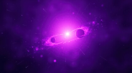 Bright purple celestial bodies orbiting a luminous core in a vibrant cosmic scene