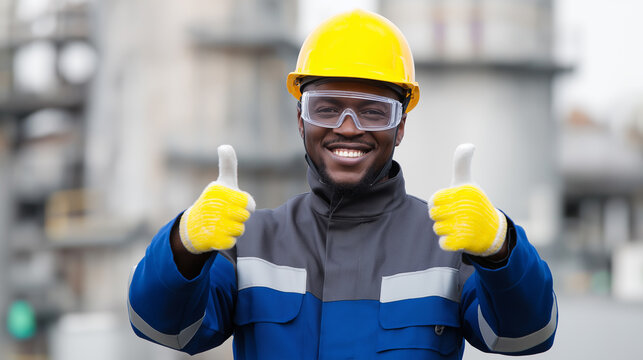 A smiling industrial worker wearing a yellow hard hat gives two thumbs up at a construction or plant site.
