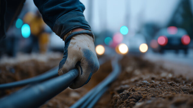 Worker&rsquo;s gloved hand pulls heavy cables into a trench during outdoor infrastructure construction.
