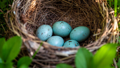 Nest of a bird on a tree branch containing five blue eggs