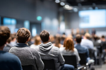 Fototapeta premium A rear view of an audience listening to a presentation in a large, brightly lit conference room.
