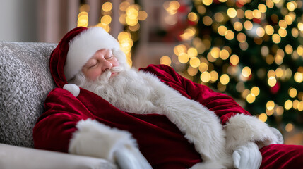 Santa Claus rests asleep in a cozy armchair beside a glowing Christmas tree.