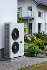 Vertical shot of a modern, white air-to-water heat pump unit installed outside a detached family house with a well-maintained green garden.