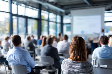 Fototapeta premium A rear view of an audience listening to a presentation in a large, brightly lit conference room.