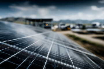 Modern solar panels reflecting sunlight under a clear blue sky, showcasing sustainable technology with strong geometric lines and premium lighting