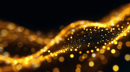 A golden abstract wave made of shimmering particles creating a dynamic glowing surface on a dark background.