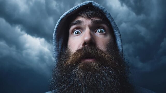 Scared bearded man looking up at a stormy sky