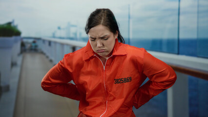 Woman wearing orange prison jumpsuit looking distressed on a cruise ship deck under a clear sky,...