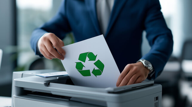 A person inserts a paper with a green recycling symbol into an office printer or copier.
