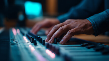 A sound technician fine-tunes audio levels on a professional mixing console in a dim studio environment.
