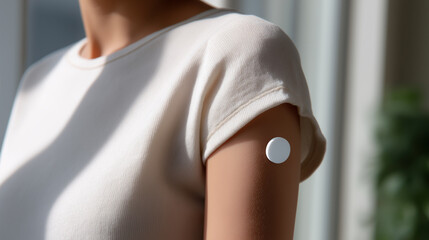 Close-up of a person wearing a round white glucose monitoring sensor on the upper arm.
