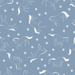 Seamless pattern with white outlined horses and flowers