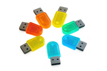 Colorful usb flash drives arranging in a circle, storing digital data and information on transparent background