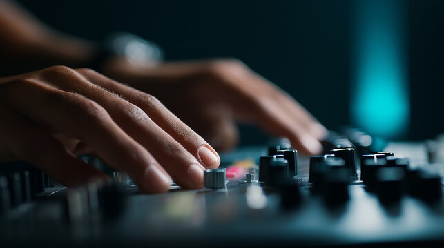 A sound technician fine-tunes audio levels on a professional mixing console in a dim studio environment.
