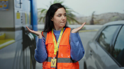 Woman with brunette hair wearing an orange vest stands smiling outdoors at a gas station displaying...