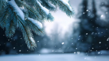 Naklejka premium A snow-covered evergreen branch hangs against a softly blurred winter background as snowflakes fall. 