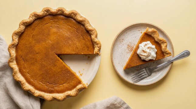 A top-down flat-lay image of a baked homemade pumpkin pie with one slice on a plate topped with whipped cream. Yellow background. A holiday fall favorite dessert.