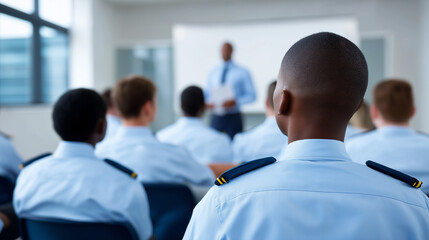 Uniformed trainees attend a classroom session led by an instructor in a professional training environment.
