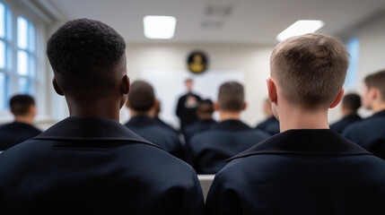 Obraz premium Uniformed trainees sit facing an instructor during a structured training session in a classroom setting. 