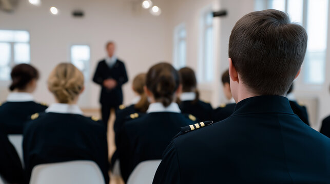 Uniformed trainees sit facing an instructor during a structured training session in a classroom setting.

