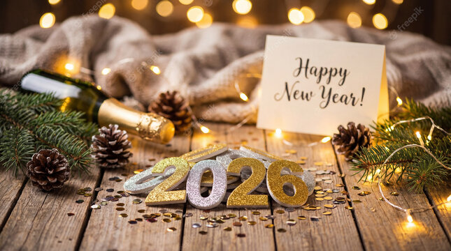 New Year celebration with champagne bottle, 2026 decorations, pinecones, and a sign wishing a happy new year while fairy lights shine softly