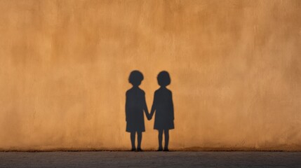 Summer happy children, Two children"s shadows holding hands against a textured orange wall, evoking themes of friendship and innocence.